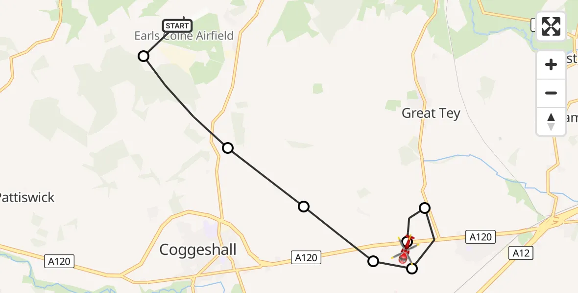 Flight route Air Ambulance Helicopter Earls Colne Airfield - Colchester, 21 May 2026, 14:36