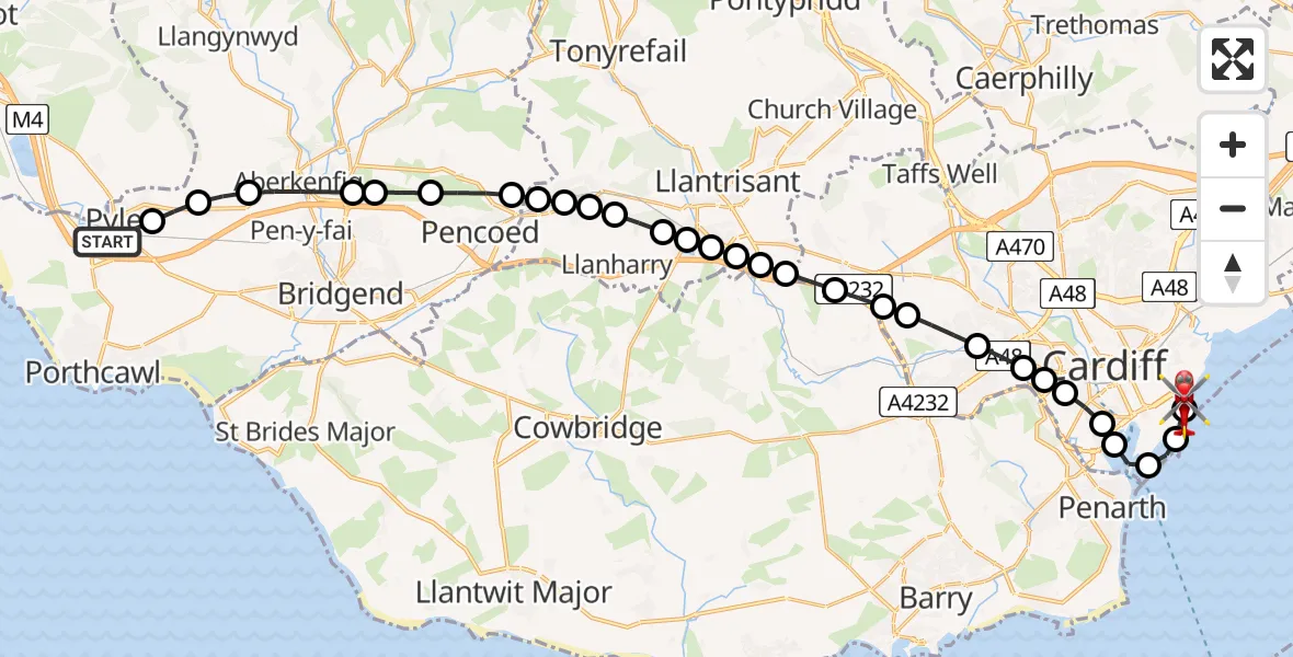 Flight route Air Ambulance Helicopter Pyle - Cardiff Heliport, 21 May 2026, 14:38