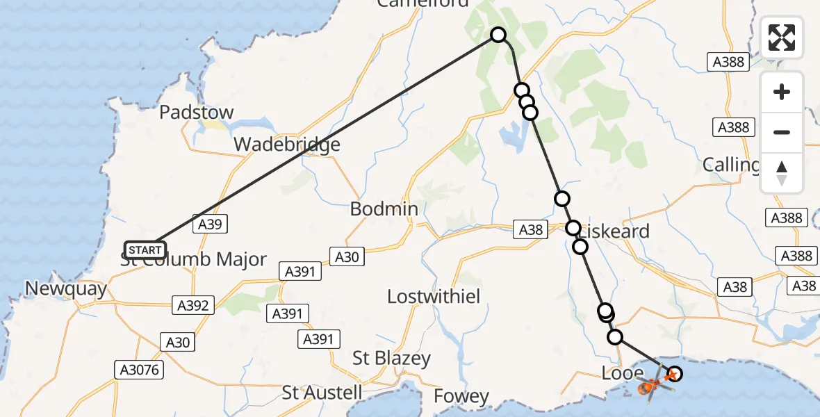 Flight route Coastguard Helicopter Cornwall Airport Newquay - English Channel, 21 May 2026, 14:38