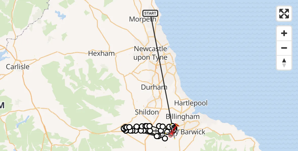 Flight route Air Ambulance Helicopter Ashington - Egglescliffe, 21 May 2026, 14:42