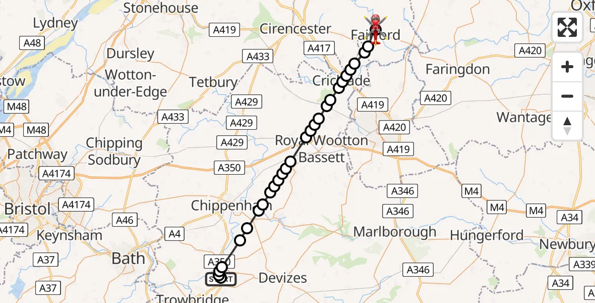 Flight route Air Ambulance Helicopter Wiltshire Air Ambulance - Quenington, 21 May 2026, 14:42