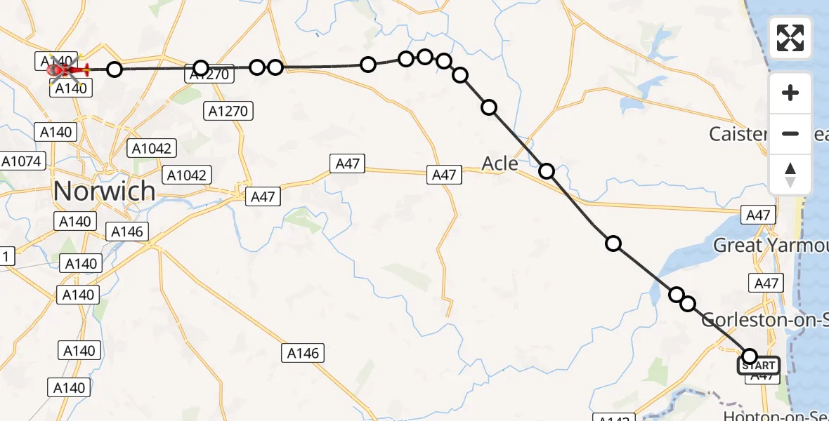 Flight route Air Ambulance Helicopter James Paget Hospital - Norwich Airport, 21 May 2026, 14:45
