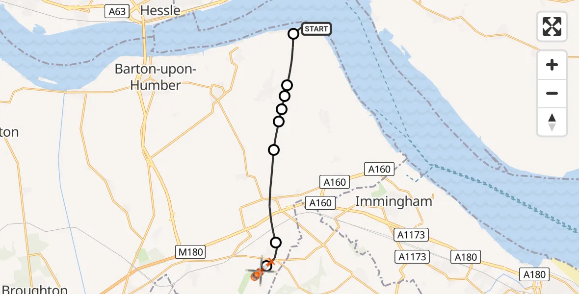 Flight route Coastguard Helicopter Goxhill - Humberside Airport, 21 May 2026, 14:46