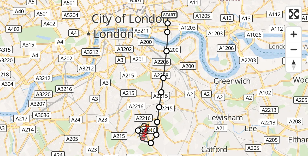 Flight route Air Ambulance Helicopter Royal London Hospital - Dulwich Village, 21 May 2026, 14:47