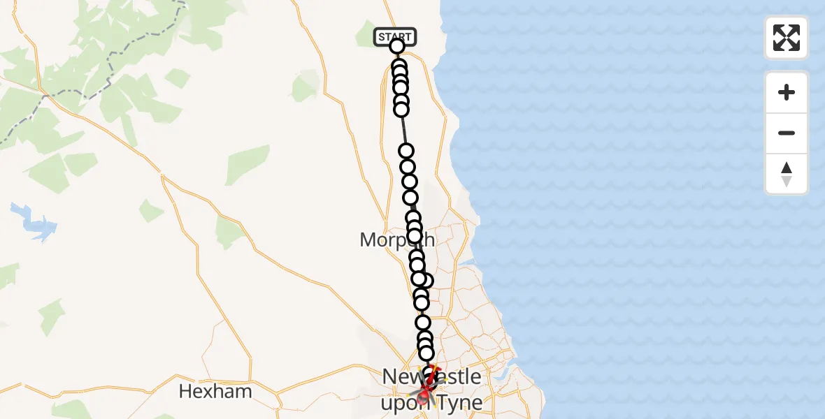 Flight route Air Ambulance Helicopter Denwick - Newcastle Royal Victoria Infirmary, 21 May 2026, 14:49