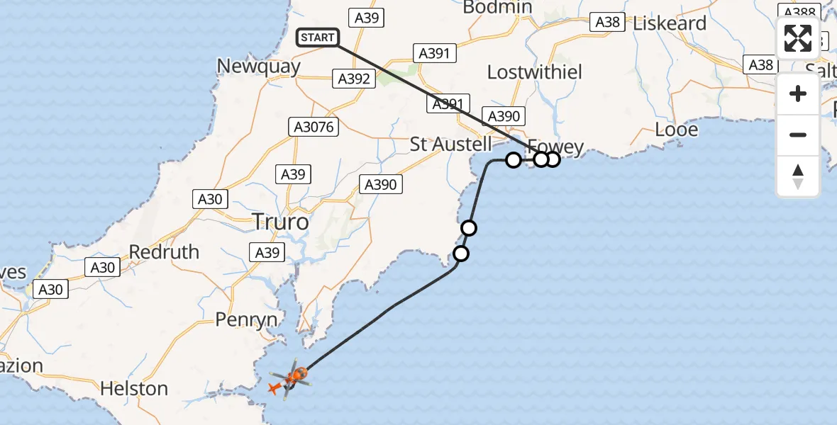 Flight route Coastguard Helicopter Cornwall Airport Newquay - English Channel, 21 May 2026, 14:59