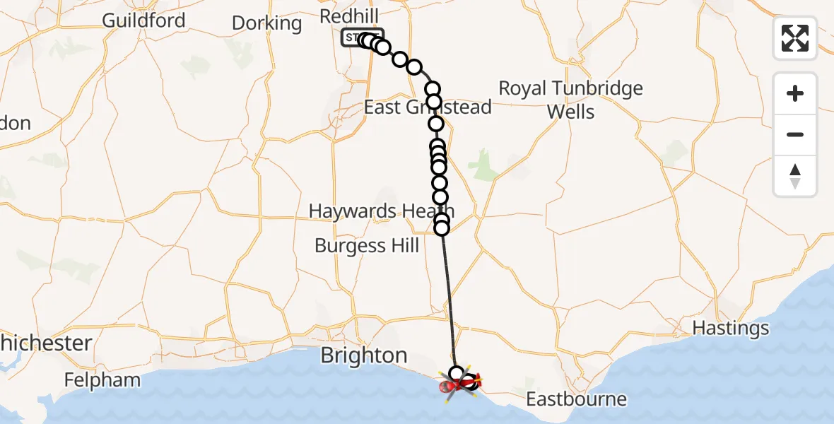 Flight route Air Ambulance Helicopter Redhill Aerodrome - Newhaven, 21 May 2026, 14:59