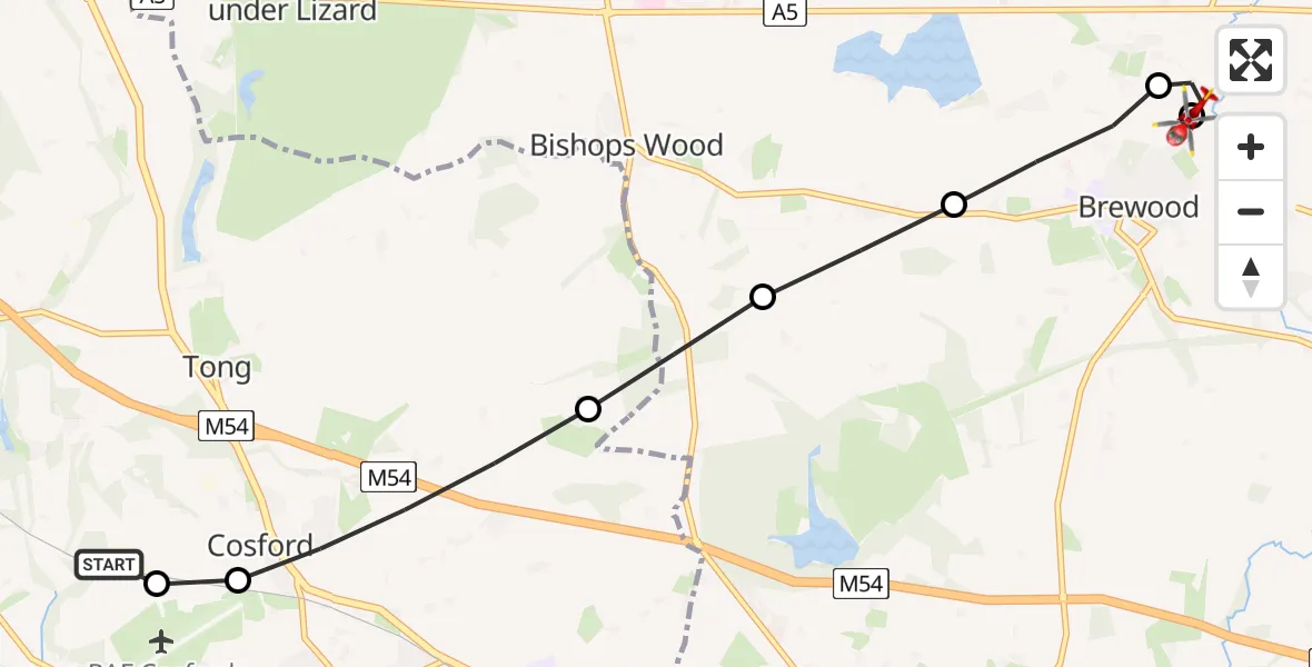 Flight route Air Ambulance Helicopter RAF Cosford - Brewood, 21 May 2026, 15:00