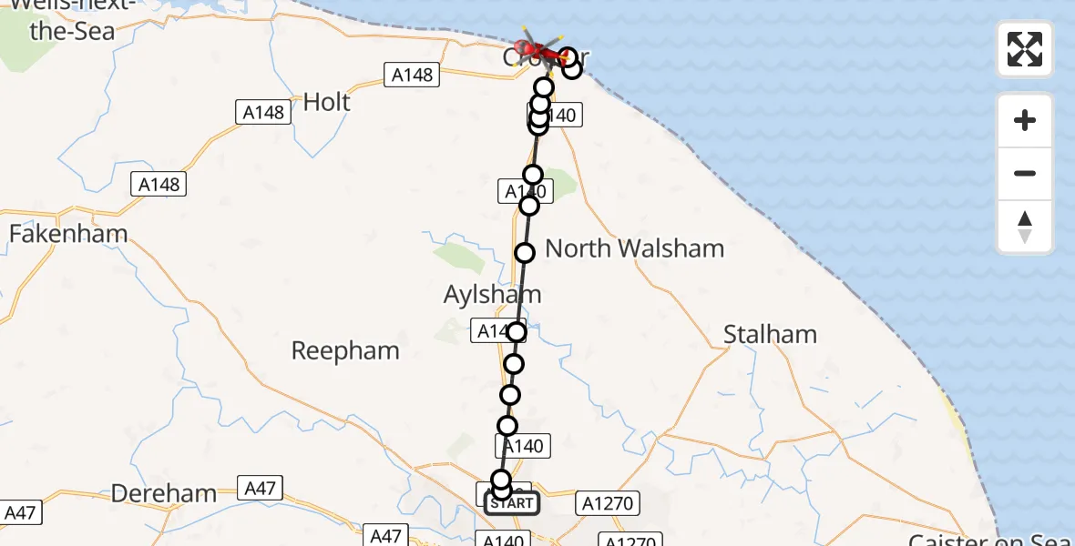 Flight route Air Ambulance Helicopter Norwich Airport - Cromer, 21 May 2026, 15:02