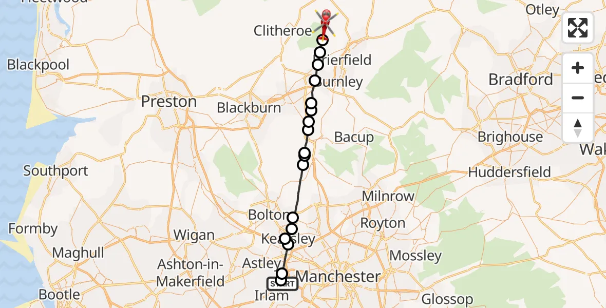 Flight route Air Ambulance Helicopter Manchester Barton Aerodrome - Barley, 21 May 2026, 15:10