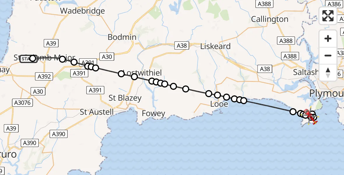 Flight route Air Ambulance Helicopter Cornwall Airport Newquay - Cawsand, 21 May 2026, 15:42