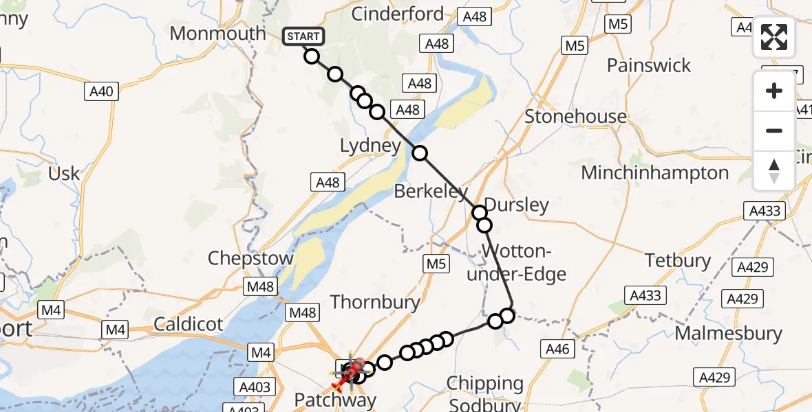 Flight route Air Ambulance Helicopter Berry Hill - Almondsbury Helicopter Base, 21 May 2026, 15:46