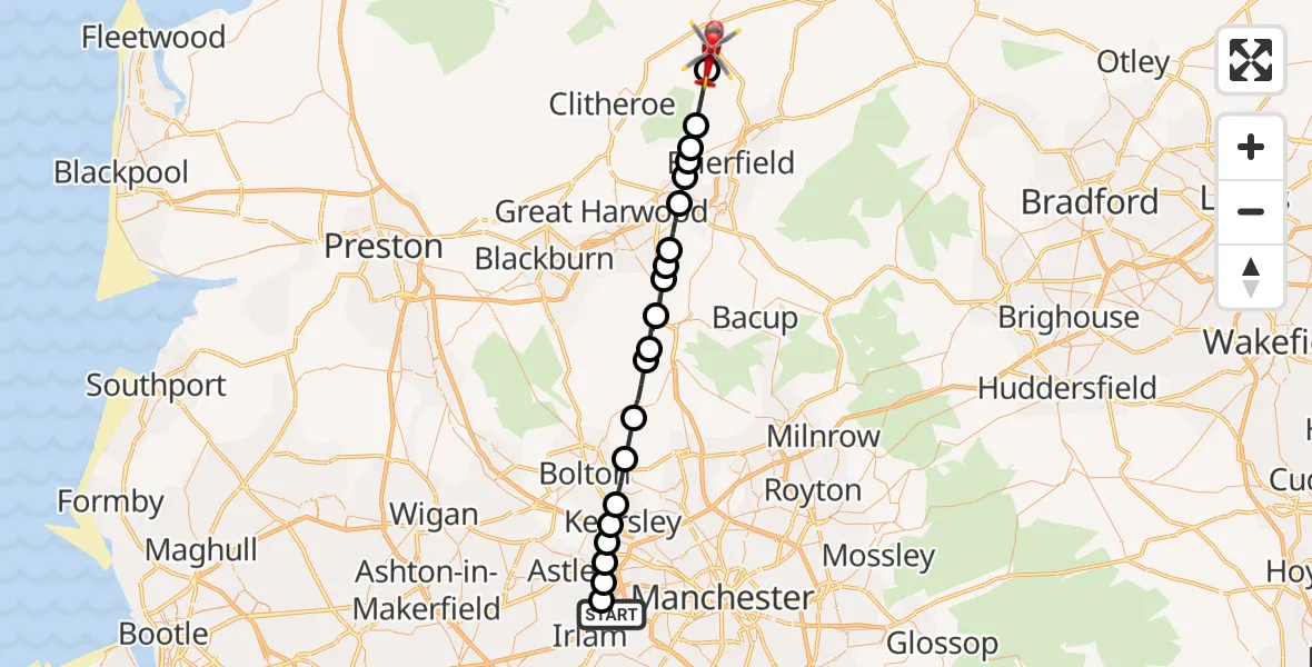 Flight route Air Ambulance Helicopter Manchester Barton Aerodrome - Ribble Valley, 21 May 2026, 15:53