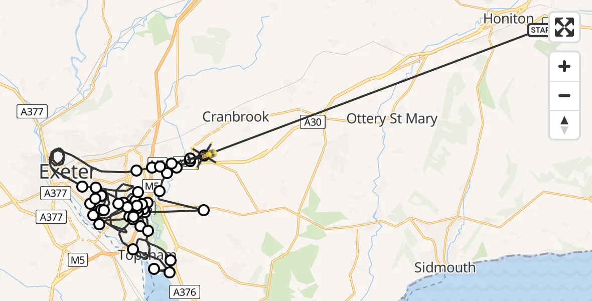 Flight route Police Helicopter Honiton - Exeter International Airport, 21 May 2026, 15:53