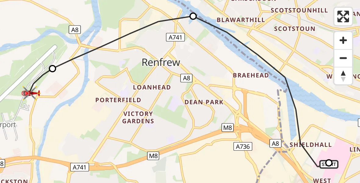 Flight route Air Ambulance Helicopter Queen Elizabeth Hospital - Glasgow Airport, 21 May 2026, 15:55
