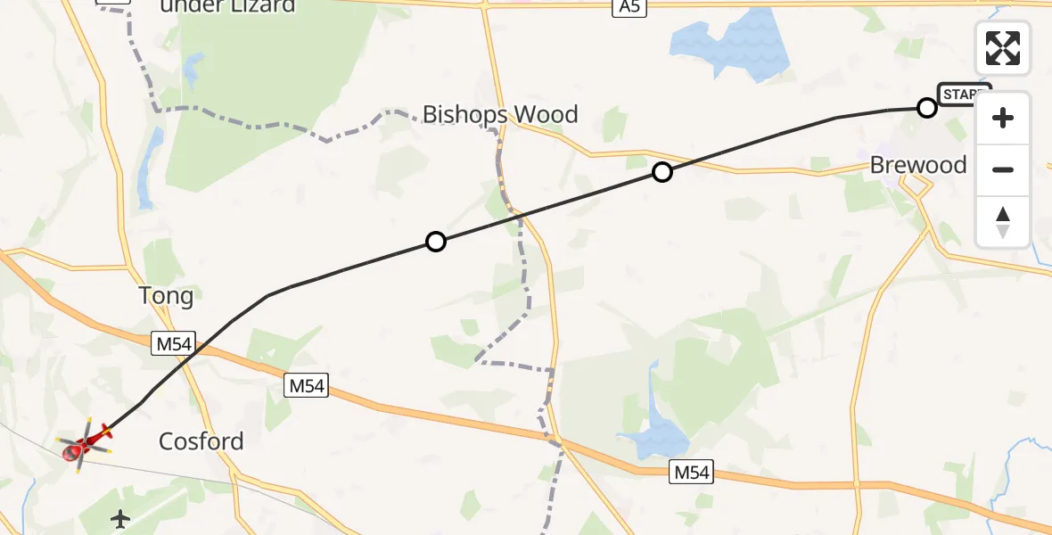 Flight route Air Ambulance Helicopter Brewood - Tong, 21 May 2026, 15:55