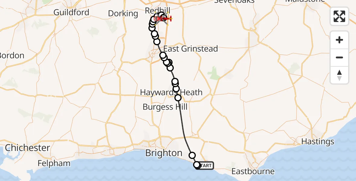 Flight route Air Ambulance Helicopter Newhaven - Redhill Aerodrome, 21 May 2026, 15:56
