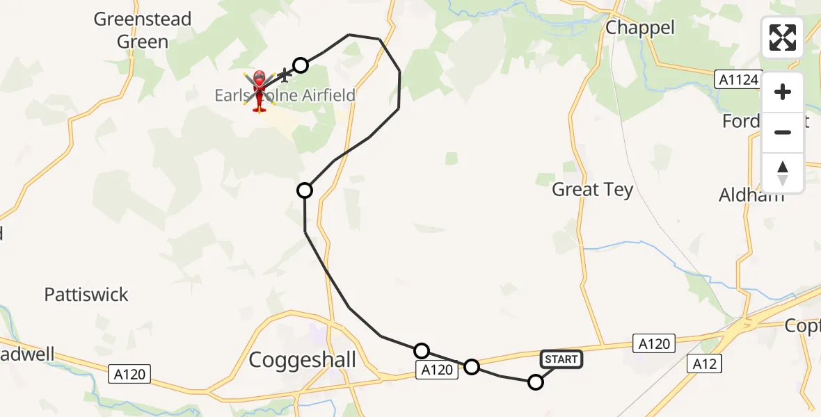 Flight route Air Ambulance Helicopter Colchester - Earls Colne Airfield, 21 May 2026, 15:59