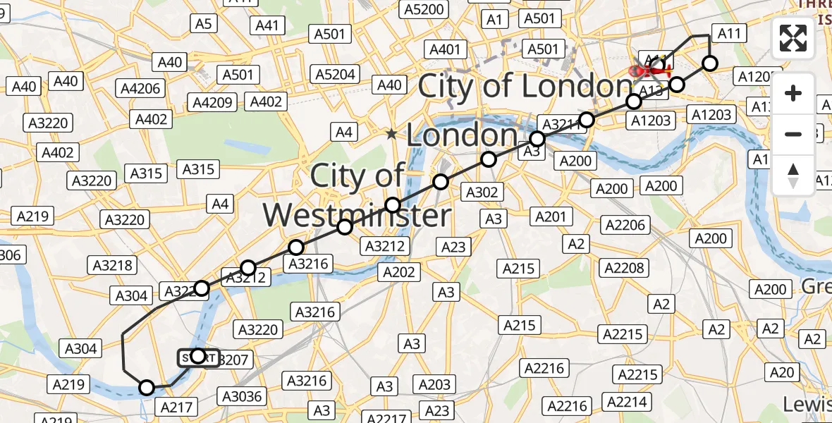 Flight route Air Ambulance Helicopter London Heliport - Royal London Hospital, 21 May 2026, 16:02