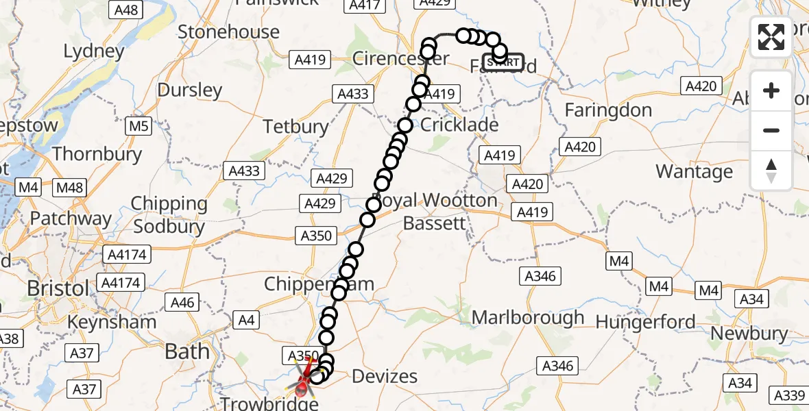 Flight route Air Ambulance Helicopter Quenington - Melksham, 21 May 2026, 16:06