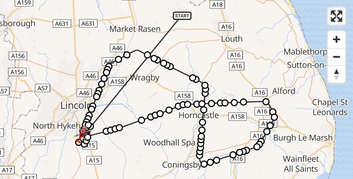 Flight route Air Ambulance Helicopter Binbrook - RAF Waddington, 21 May 2026, 16:08