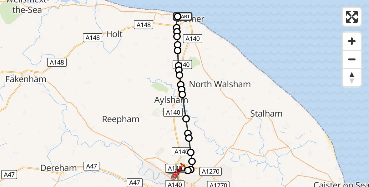 Flight route Air Ambulance Helicopter Cromer - Norwich Airport, 21 May 2026, 16:19