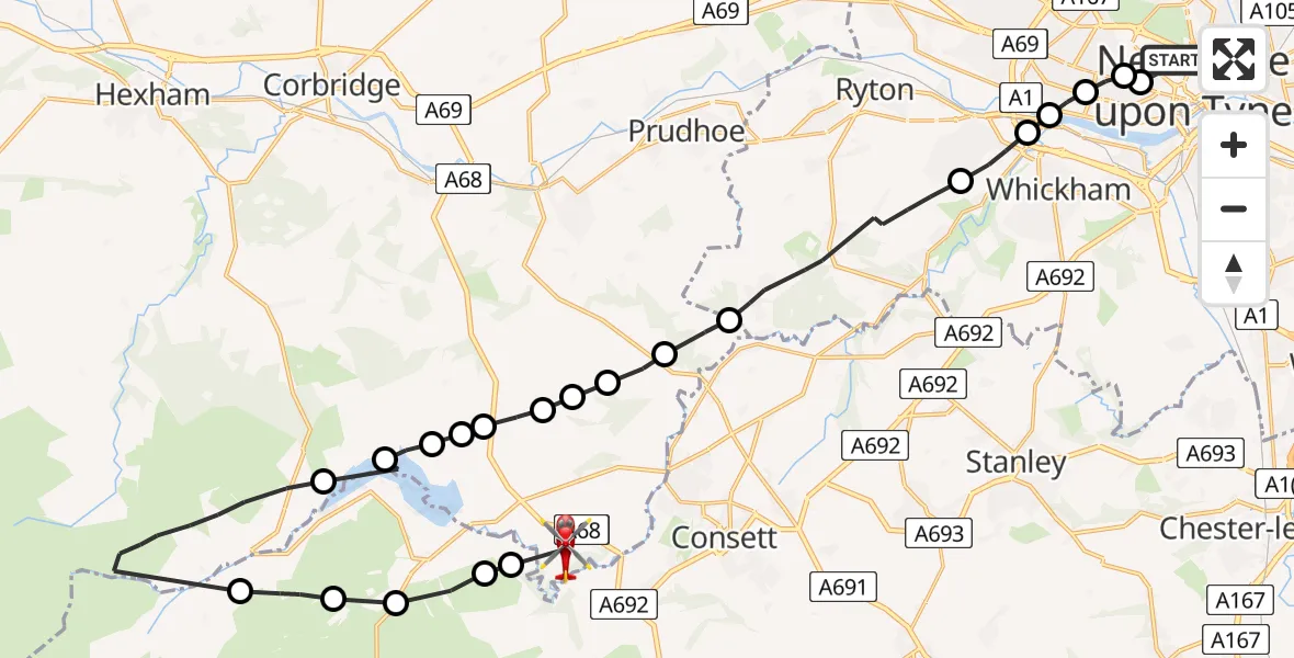 Flight route Air Ambulance Helicopter Newcastle Royal Victoria Infirmary - Mosswood, 21 May 2026, 16:19