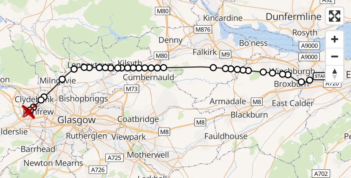 Flight route Air Ambulance Aircraft Edinburgh Airport - Glasgow Airport, 21 May 2026, 16:30