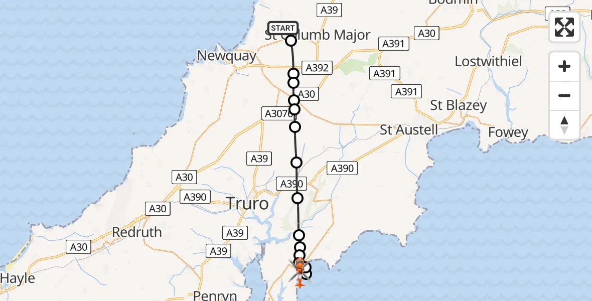 Flight route Coastguard Helicopter Cornwall Airport Newquay - Trewithian, 21 May 2026, 16:30