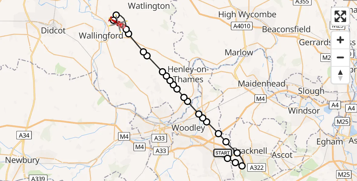 Flight route Air Ambulance Helicopter Wokingham - RAF Benson, 21 May 2026, 16:31