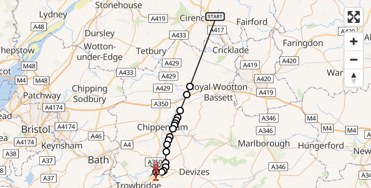 Flight route Air Ambulance Helicopter Preston - Wiltshire Air Ambulance, 21 May 2026, 16:40