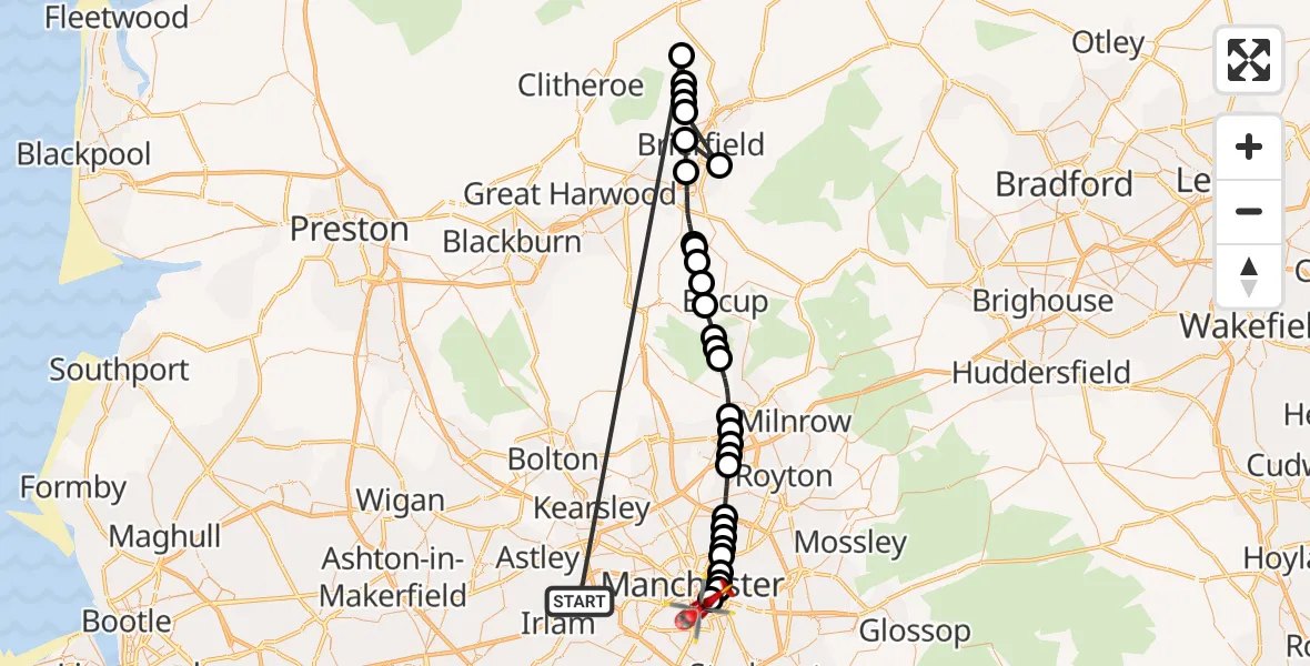 Flight route Air Ambulance Helicopter Manchester Barton Aerodrome - Chorlton-on-Medlock, 21 May 2026, 16:40