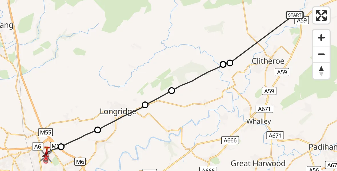 Flight route Air Ambulance Helicopter Sawley - Preston, 21 May 2026, 16:45