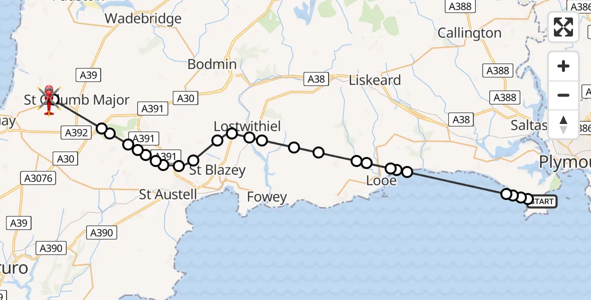 Flight route Air Ambulance Helicopter Cawsand - Cornwall Airport Newquay, 21 May 2026, 16:58