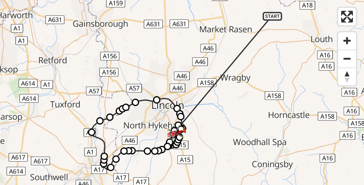 Flight route Air Ambulance Helicopter Binbrook - North Kesteven, 21 May 2026, 16:58