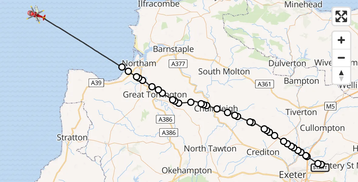 Flight route Air Ambulance Helicopter Clyst Honiton - Bristol Channel, 21 May 2026, 16:59