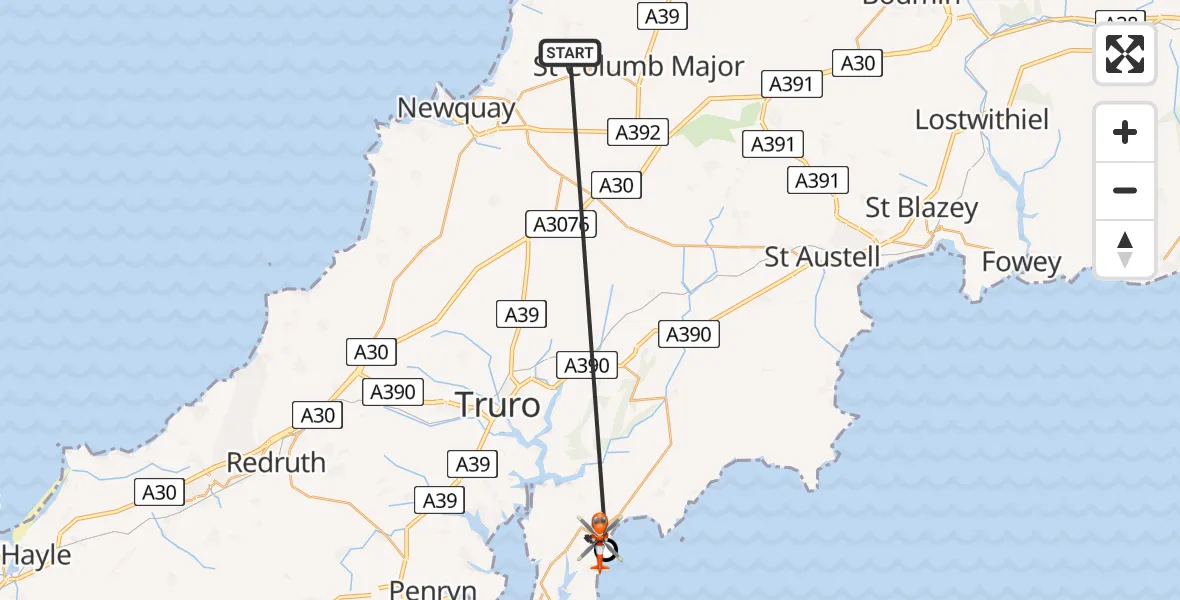 Flight route Coastguard Helicopter Cornwall Airport Newquay - Trewithian, 21 May 2026, 17:03