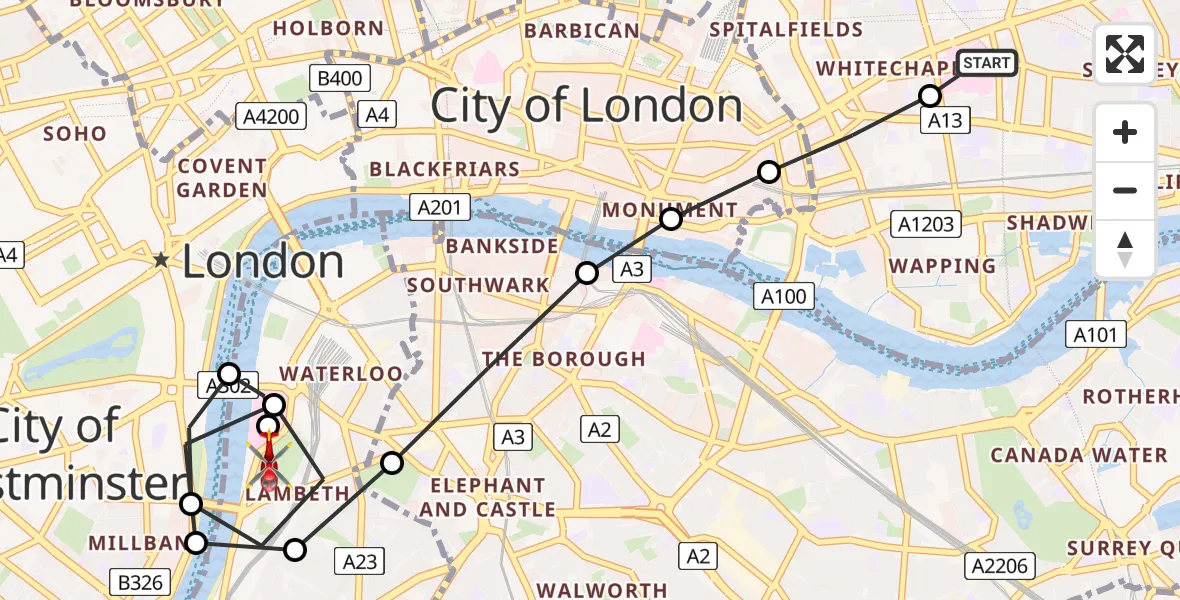 Flight route Air Ambulance Helicopter Royal London Hospital - Lambeth, 21 May 2026, 17:03