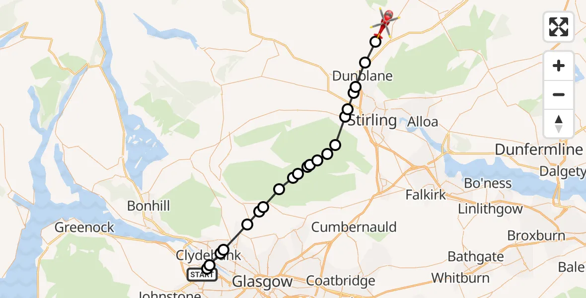 Flight route Air Ambulance Helicopter Glasgow Airport - Braco, 21 May 2026, 17:26