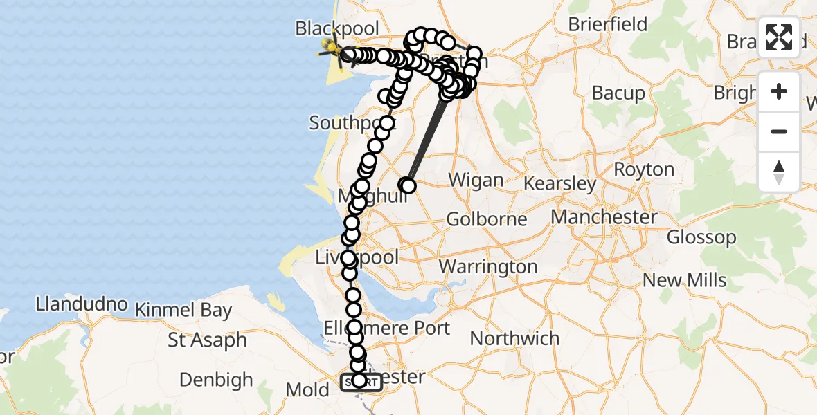 Flight route Police Helicopter Hawarden Airport - Blackpool Airport, 21 May 2026, 17:26