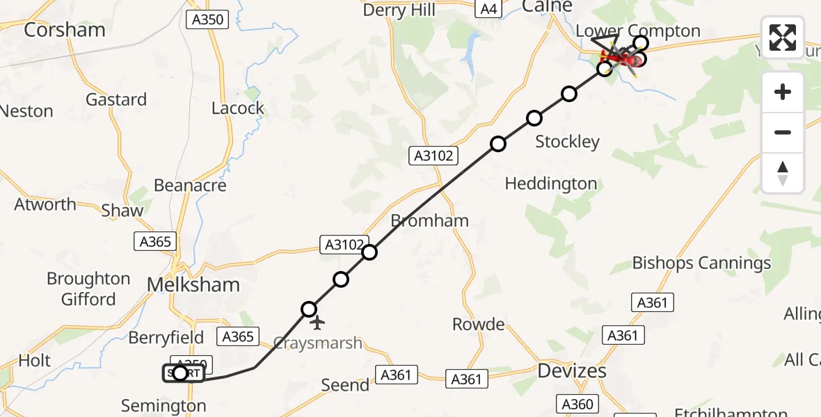 Flight route Air Ambulance Helicopter Wiltshire Air Ambulance - Calne, 21 May 2026, 17:26