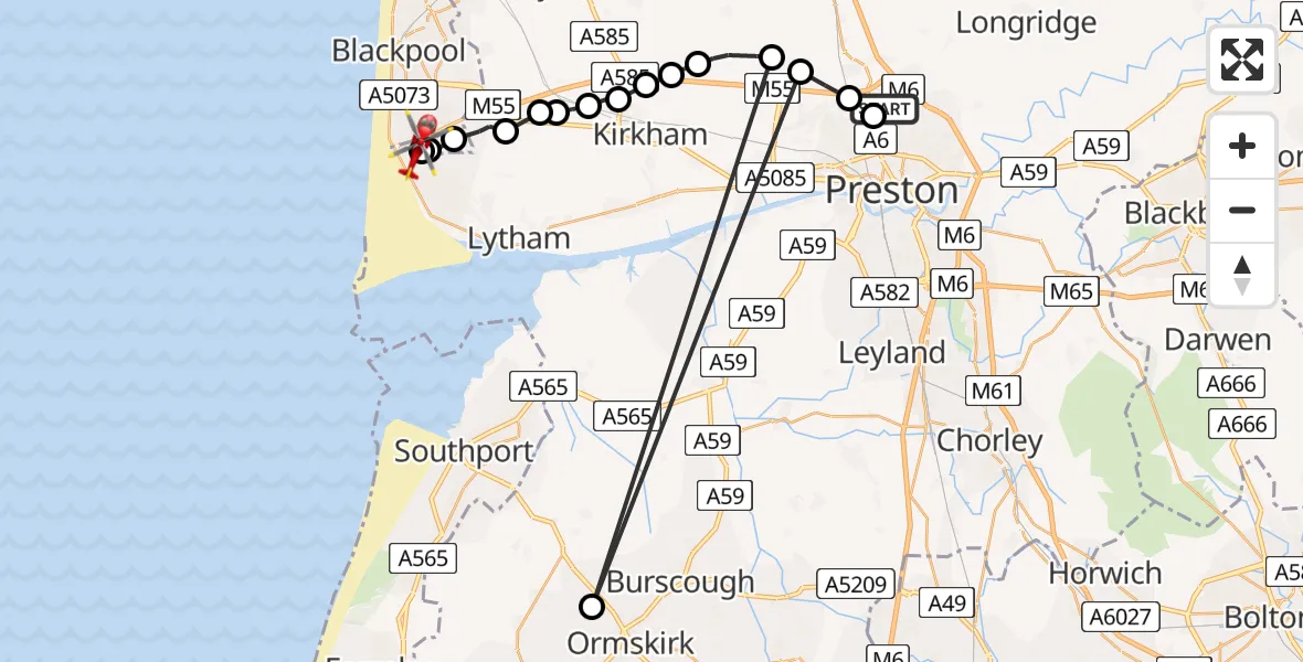 Flight route Air Ambulance Helicopter Royal Preston - Blackpool Airport, 21 May 2026, 17:29