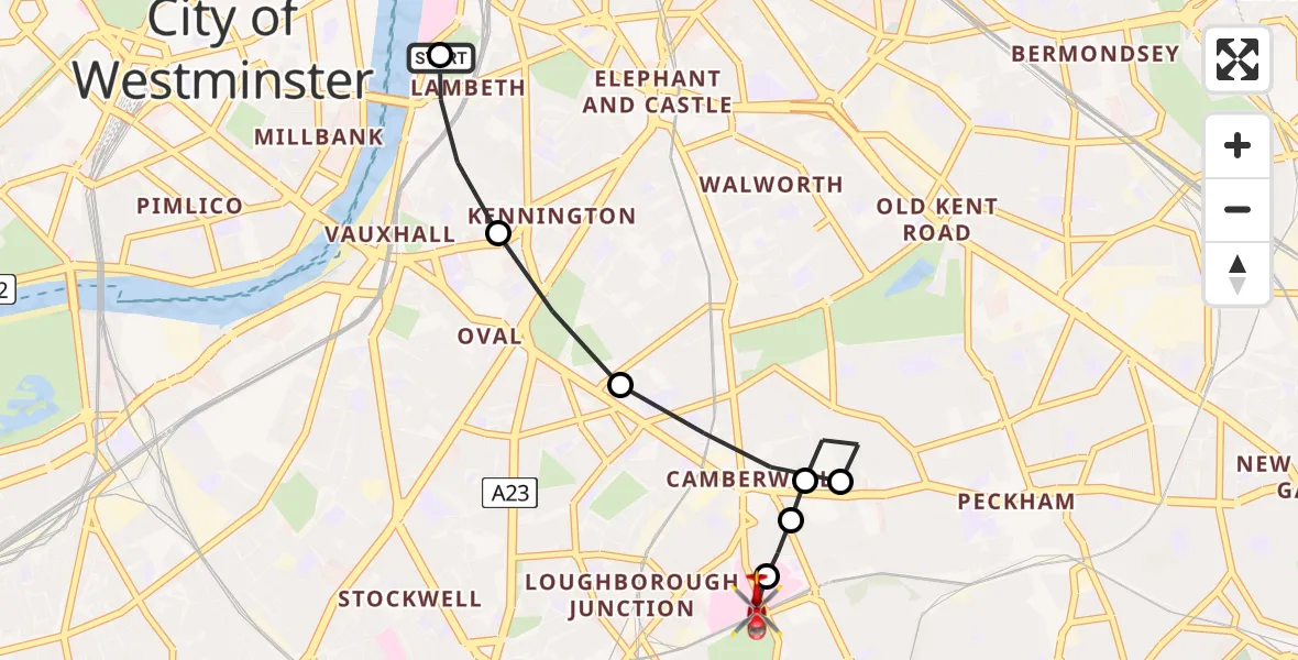 Flight route Air Ambulance Helicopter Lambeth - Kings College London Hospital, 21 May 2026, 17:34