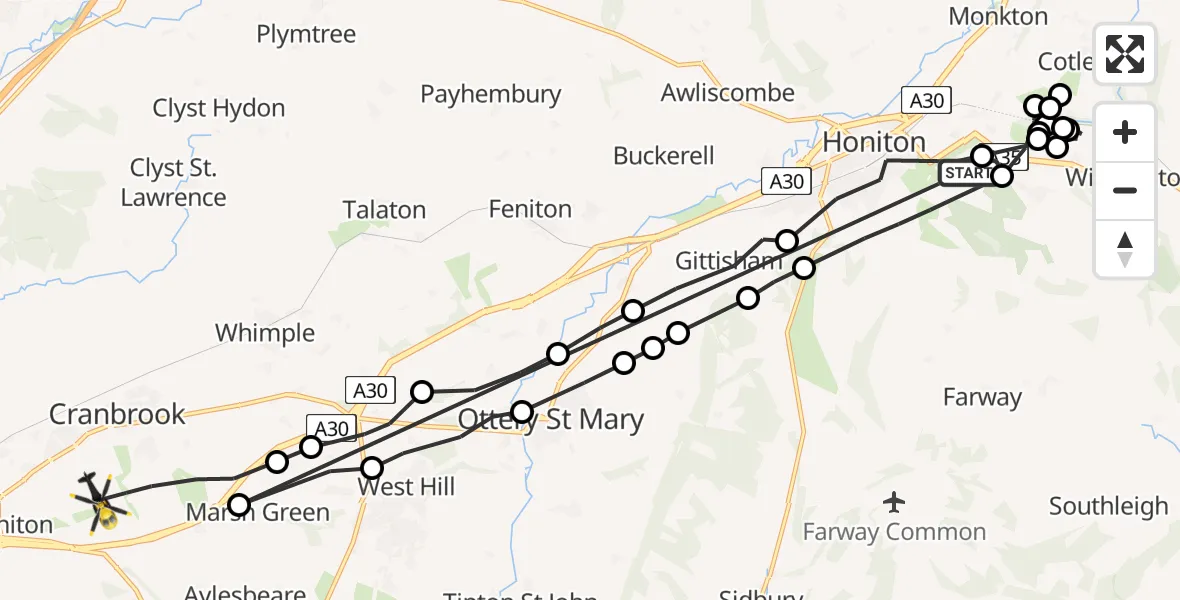 Flight route Police Helicopter Honiton - Exeter International Airport, 21 May 2026, 17:40