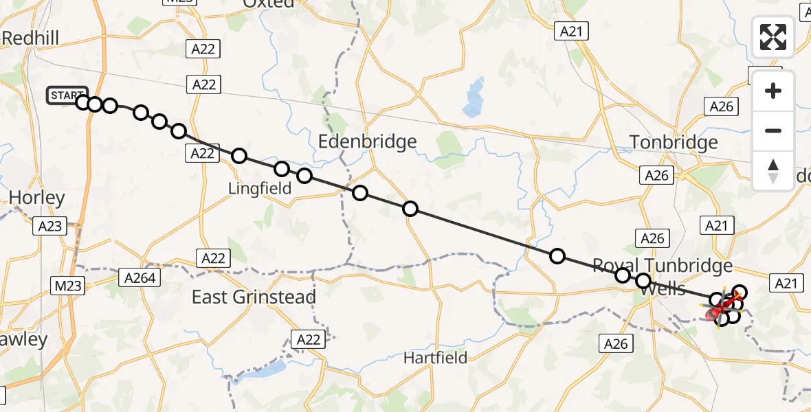 Flight route Air Ambulance Helicopter Redhill Aerodrome - Royal Tunbridge Wells, 21 May 2026, 17:47