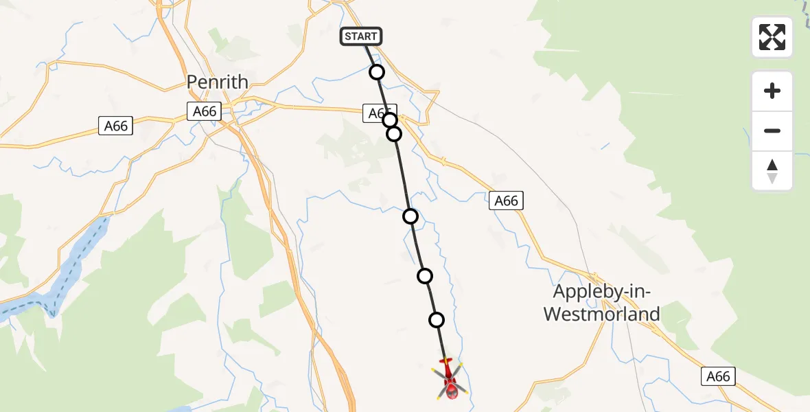 Flight route Air Ambulance Helicopter Langwathby - Maulds Meaburn, 21 May 2026, 17:52