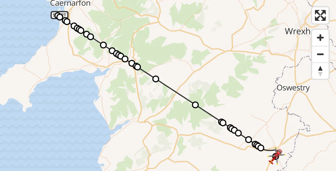 Flight route Air Ambulance Helicopter Caernarfon Airport - Welshpool Airport, 21 May 2026, 17:55