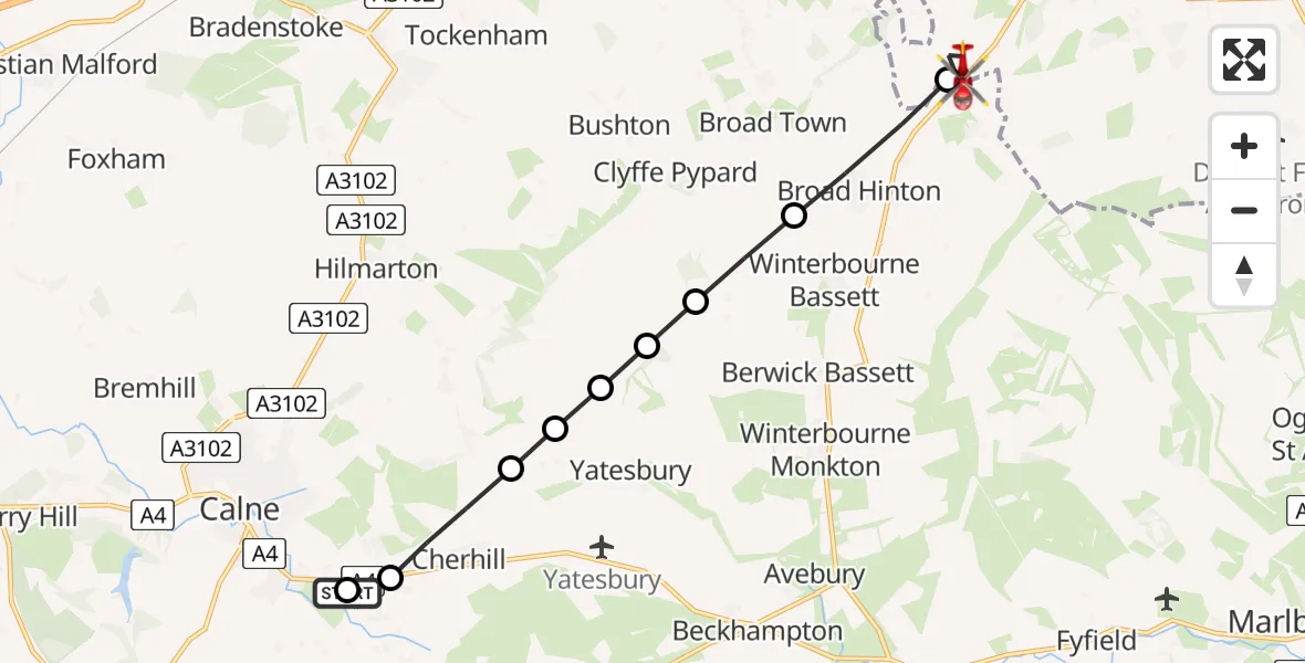 Flight route Air Ambulance Helicopter Lower Compton - Wroughton, 21 May 2026, 17:59