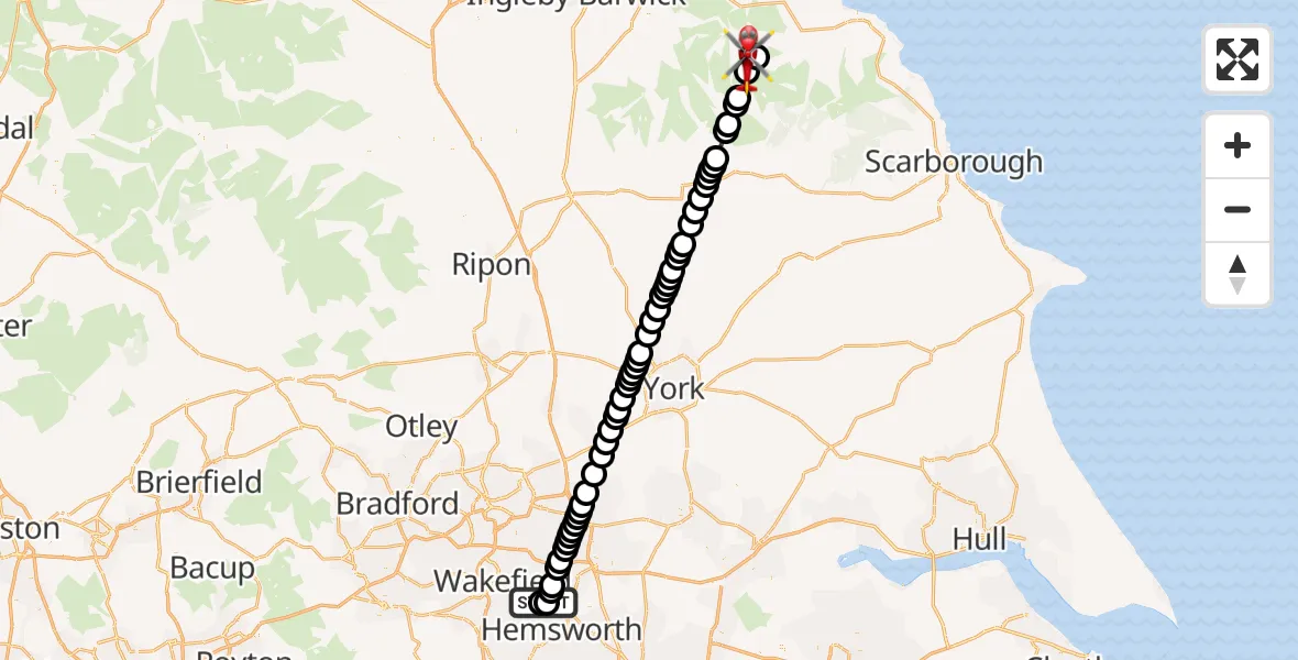 Flight route Air Ambulance Helicopter YAA Nostell Helicopter Port - Glaisdale, 21 May 2026, 18:01