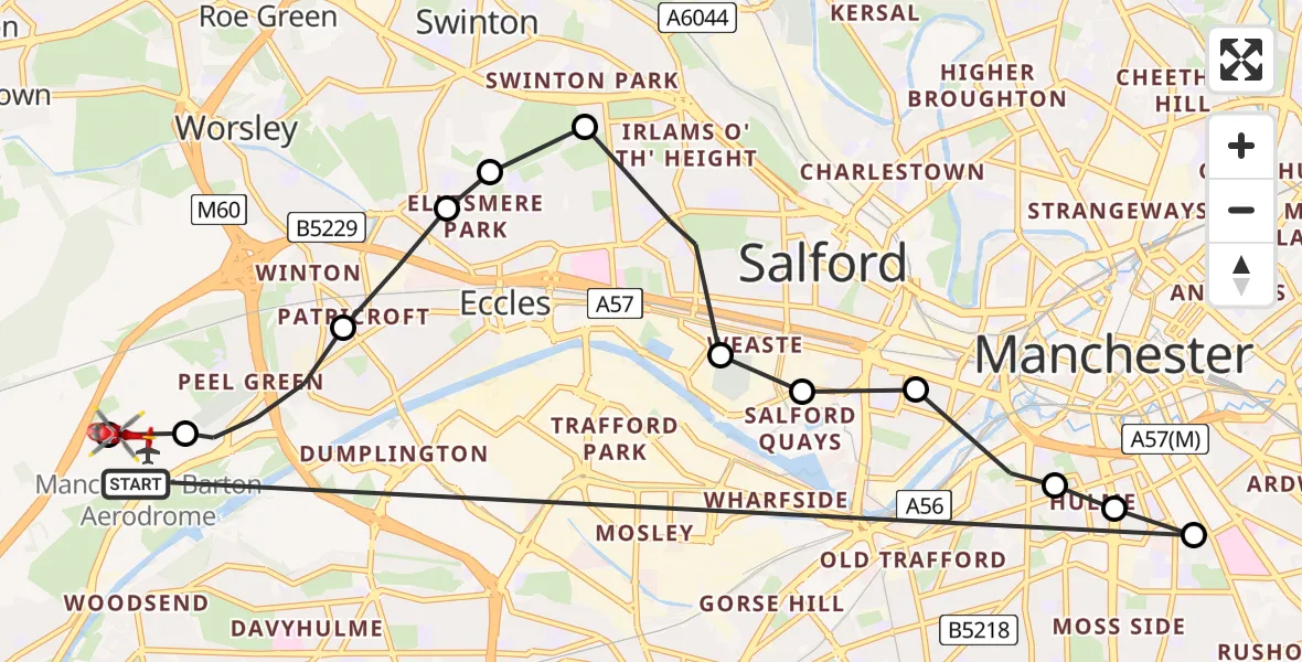 Flight route Air Ambulance Helicopter Manchester Barton Aerodrome - Manchester Barton Aerodrome, 21 May 2026, 18:05